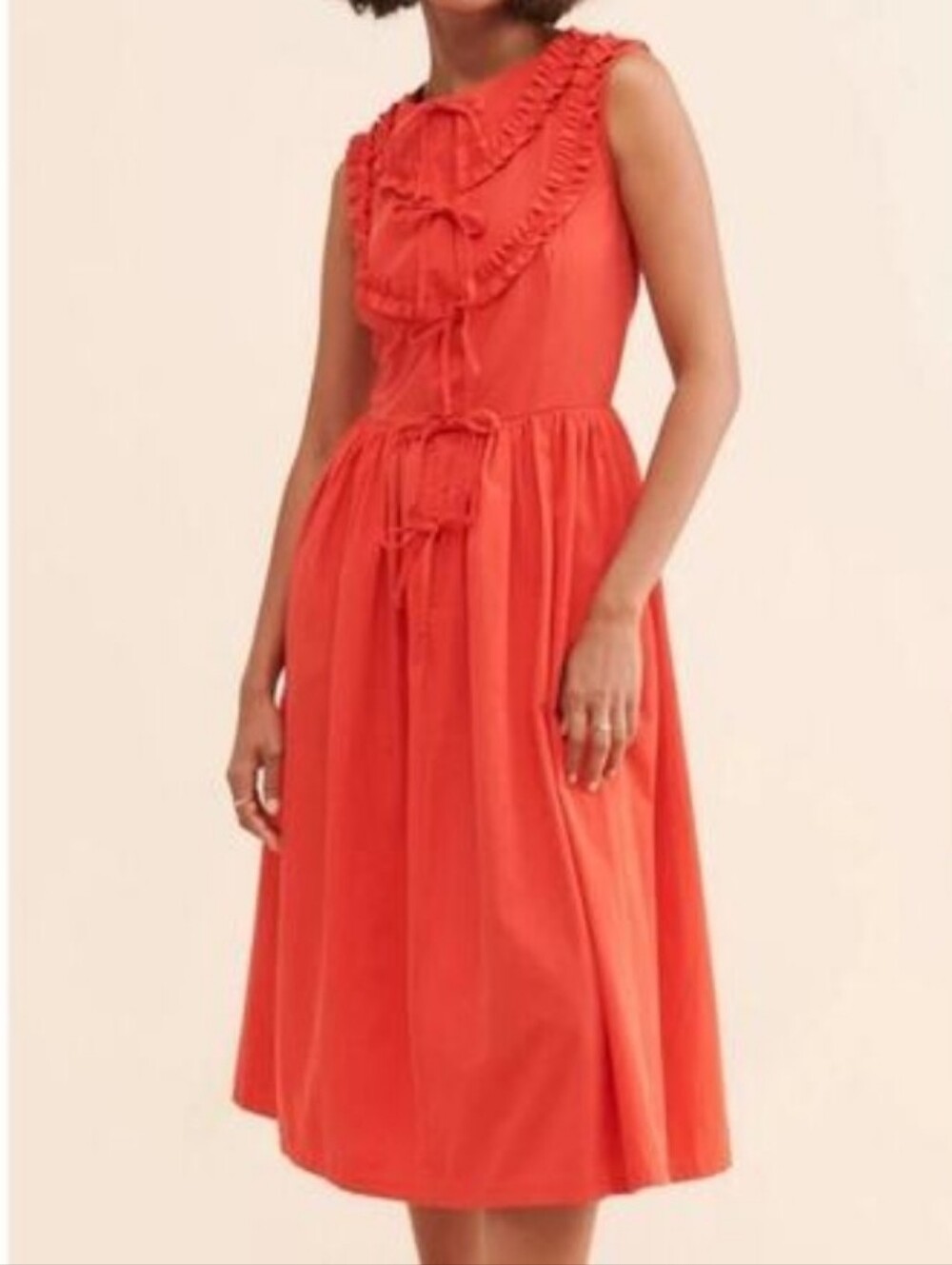 Naya Rea cherry red cottagecore Via 100% cotton tie-neck midi dress